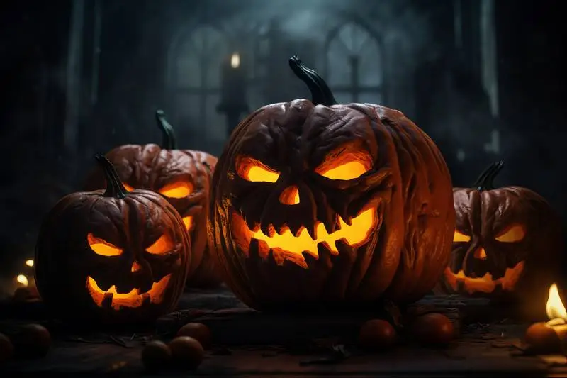 Photo of Scary Halloween Pumpkins on a Dark Background