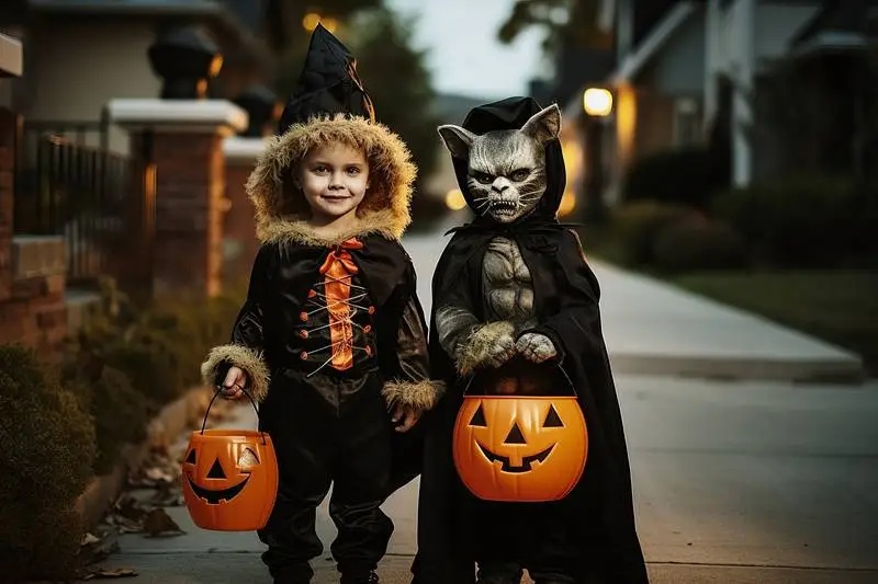 Photo of Two Young Children in Costume Collecting Candy on Halloween