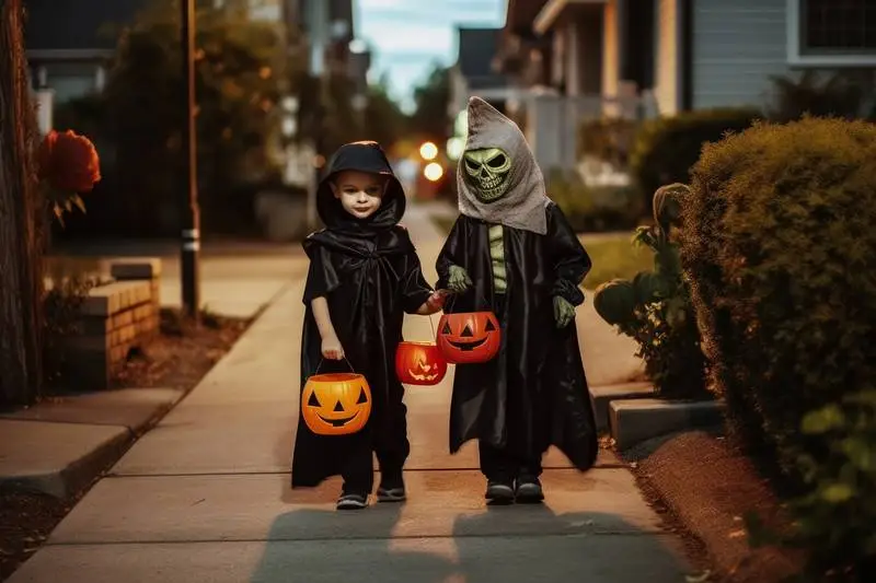 Photo of Two Young Children in Costume Collecting Candy on Halloween Night