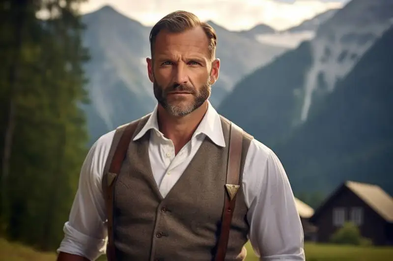 Photo of a European Man in Traditional Tyrolean Clothing Against a Backdrop of Swiss Mountains
