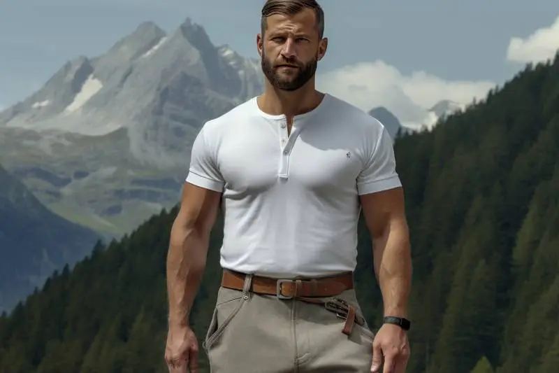 Photo of a European Man in a White Shirt Against a Backdrop of Swiss Mountains