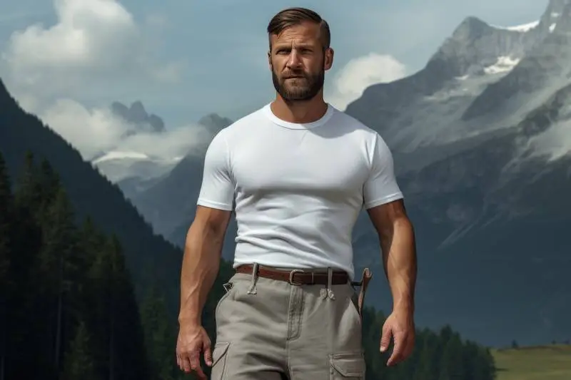 Photo of a European Strong Man in a White Shirt Against a Backdrop of Swiss Mountains