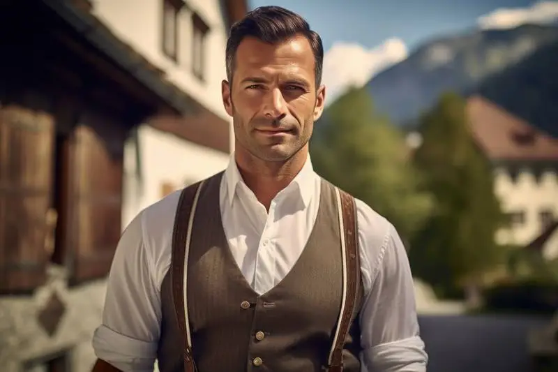 Photo of a European Man in Traditional Tyrolean Clothing Against a Background of a Typical German Village