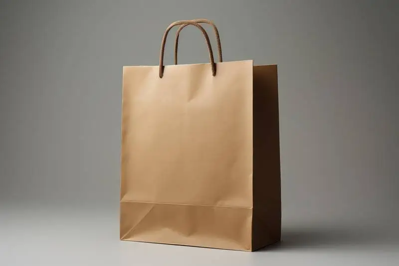Image of Brown Paper Bag with Handles on Grey Background with Shadows