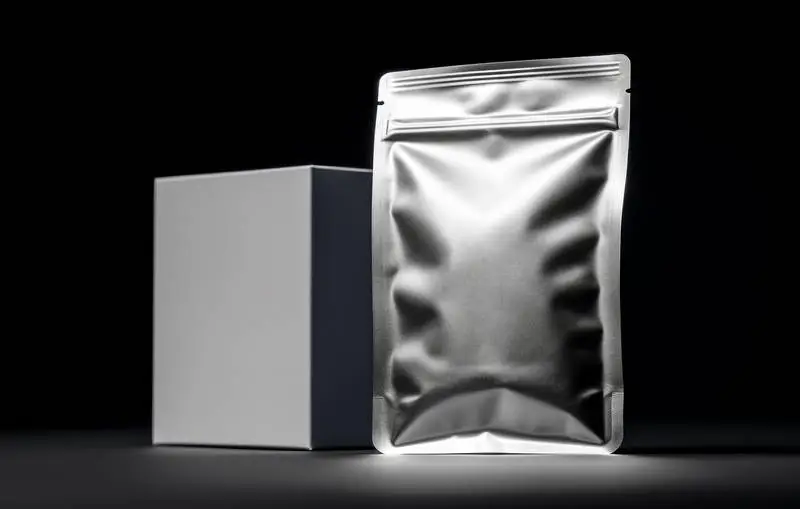 Image of Box and Label on Shipping Bag on Black Background