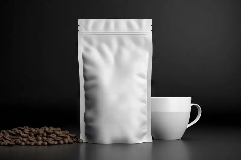 Image of Metal Coffee Bag with White Mug on Dark Background