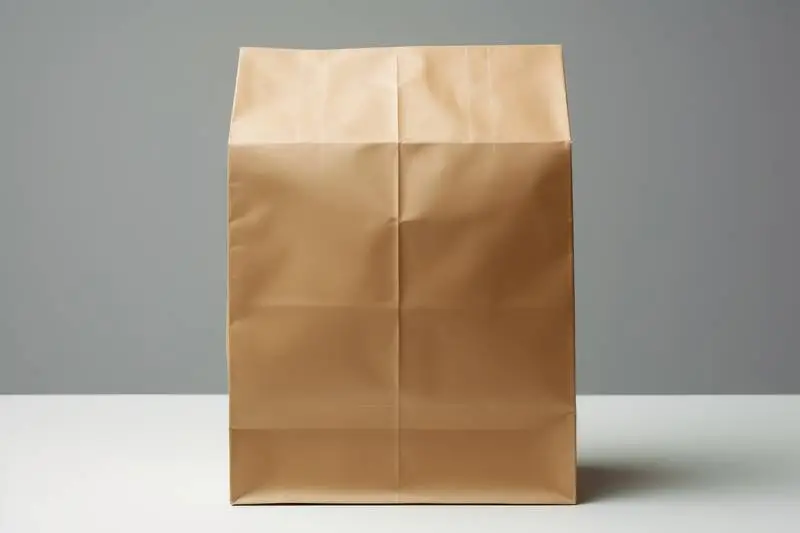Image of Brown Paper Shopping Bag on Grey Background with Shadows