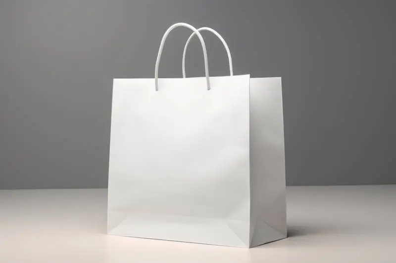 Image of White Paper Bag with Handles on Grey Background with Shadows
