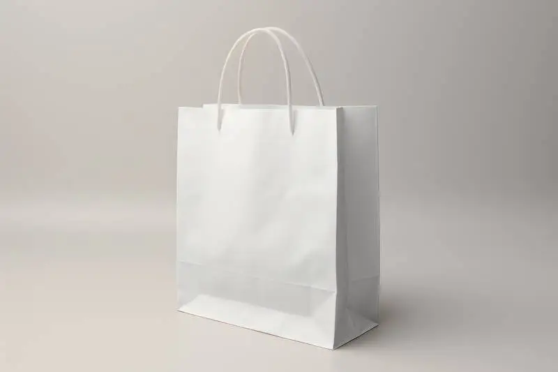 Image of White Paper Bag on Beige Background with Shadows