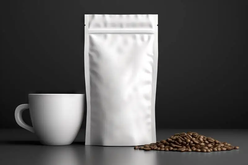Image of White Hermetic Coffee Bag with Mug on Dark Background