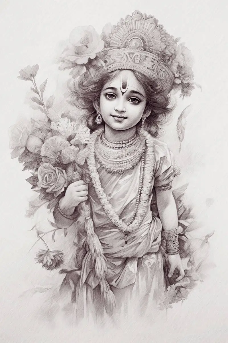 Pencil Sketch of Lord Krishna Kid