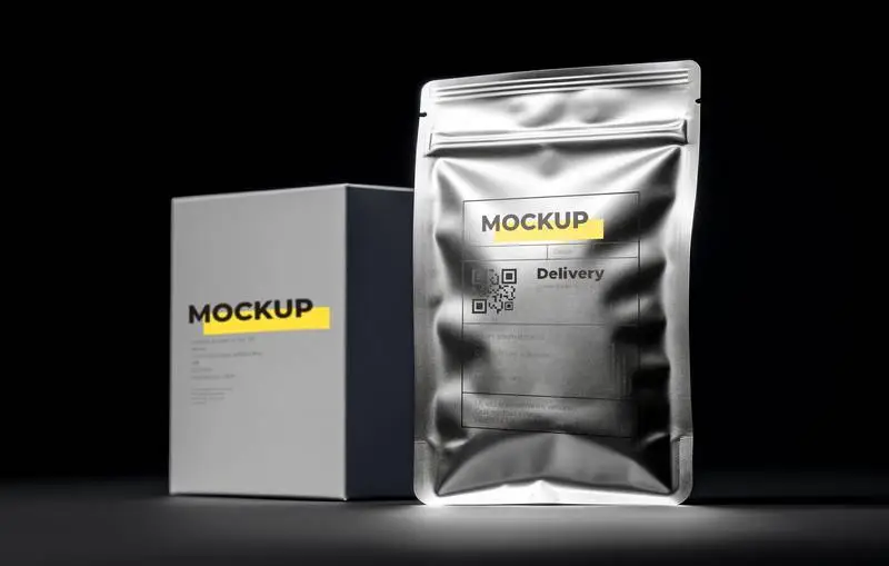 Mockup of Box and Label on Shipping Bag on Black Background