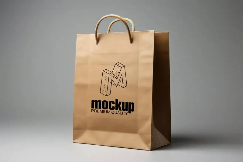 Mockup of Brown Paper Bag on Grey Background with Shadows