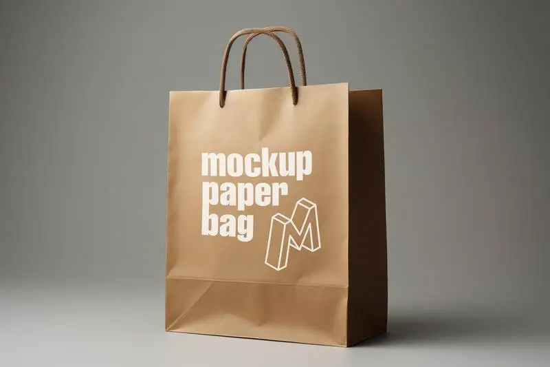Mockup of Brown Paper Bag with Handles on Grey Background with Shadows