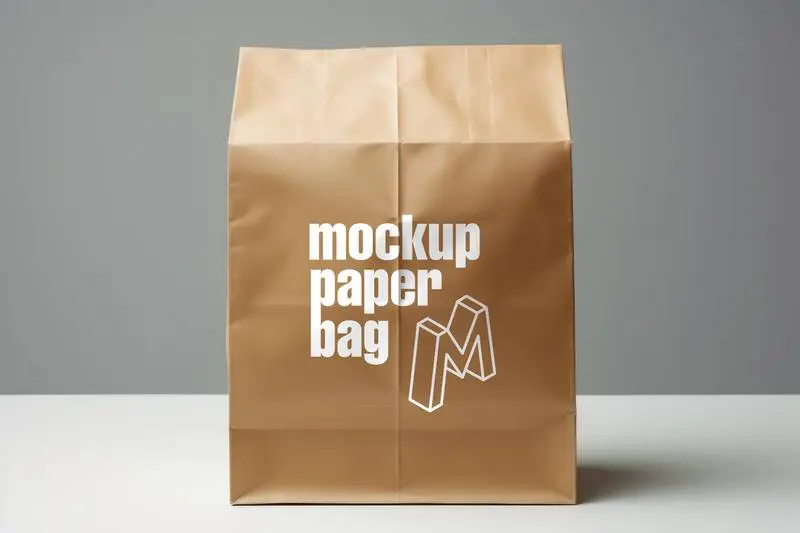 Mockup of Brown Paper Shopping Bag on Grey Background with Shadows