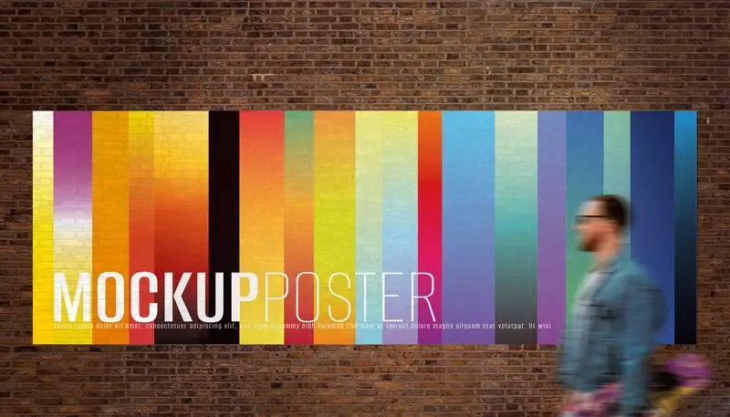 Mockup of Glued Large Poster Over Brick Wall with Pedestrian