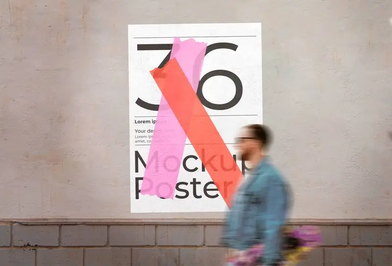 Mockup of Glued Poster Mockup Over Wall with Pedestrian