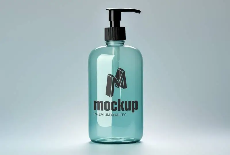 Mockup of Label on Blue Bottle with Dispenser on Blue Background