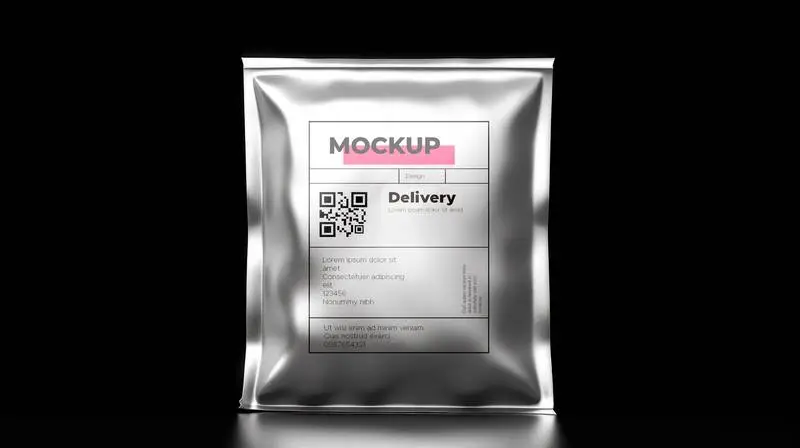 Mockup of Label on Metal Bag to Be Sent on Black Background