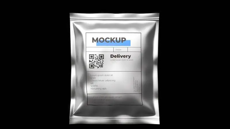 Mockup of Label on Metal Shipping Bag on Black Background