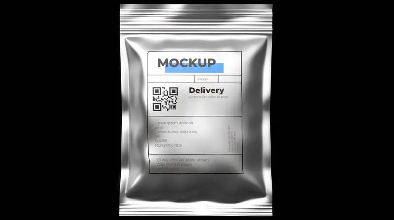 Mockup of Label on Metal Shipping Bag on Dark Background