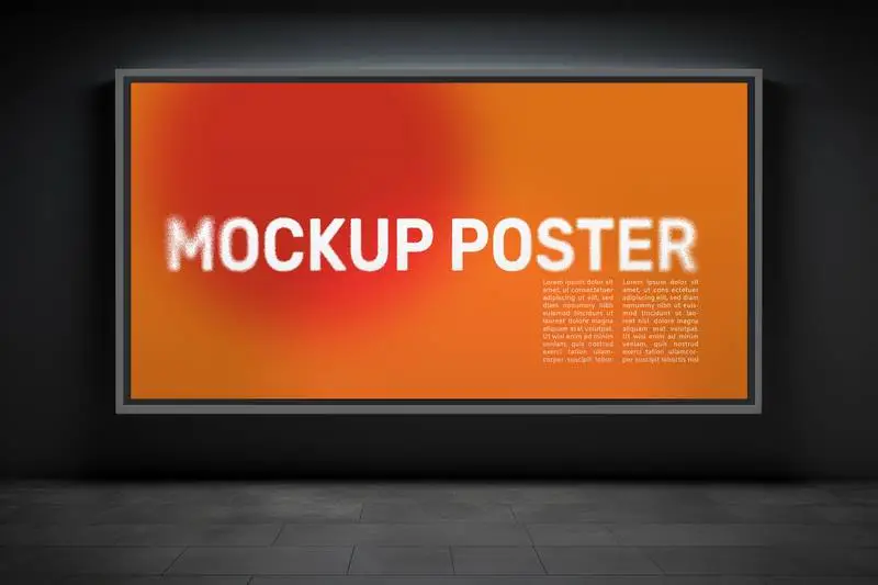 Mockup of Long Poster with Metal Frame with Dark Background Wall