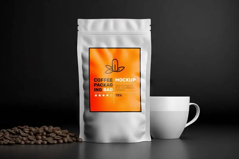 Mockup of Metal Coffee Bag with White Mug on Dark Background