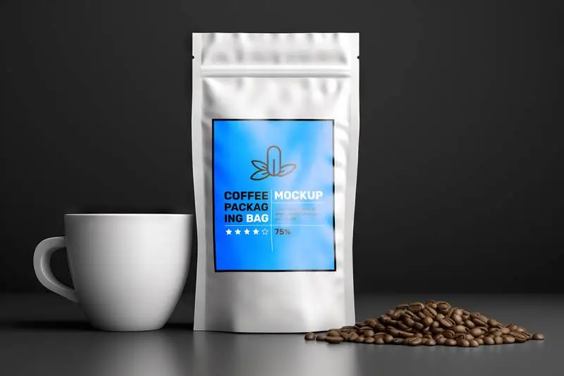 Mockup of White Hermetic Coffee Bag with Mug on Dark Background