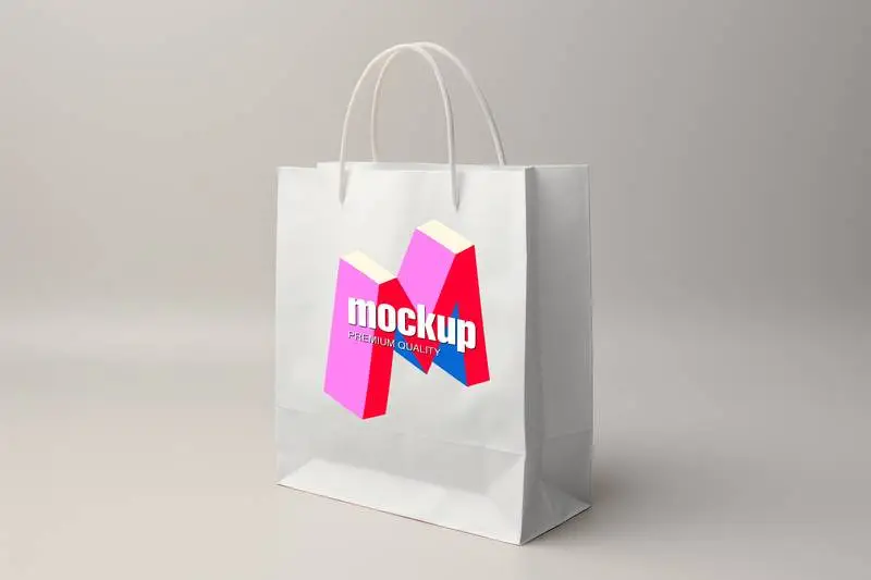 Mockup of White Paper Bag on Beige Background with Shadows