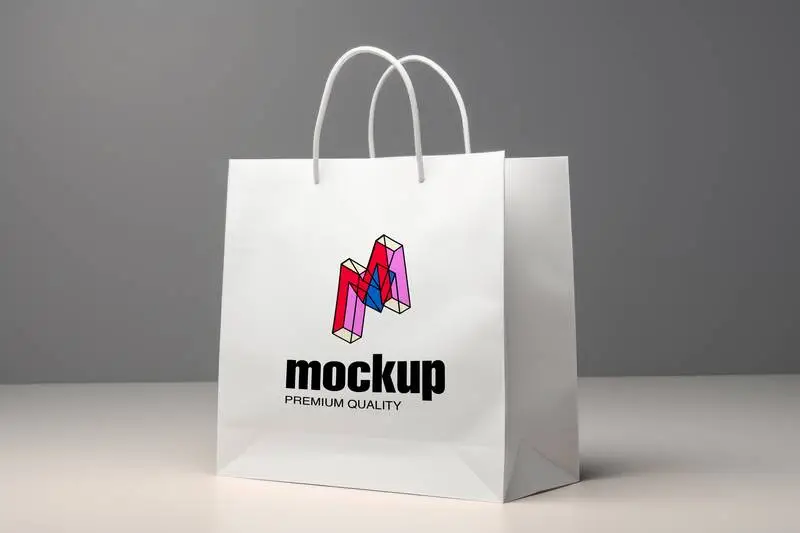 Mockup of White Paper Bag with Handles on Grey Background with Shadows