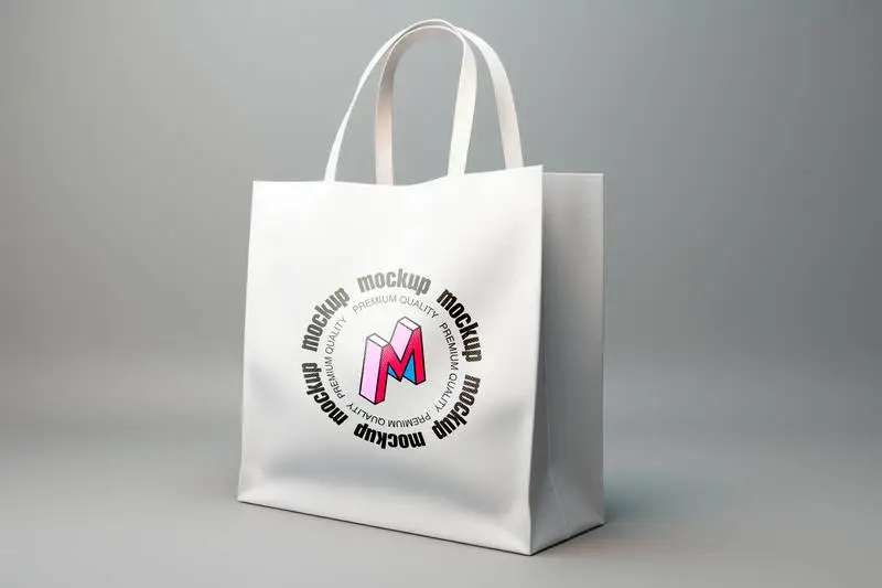 Mockup of White Tote Bag on Beige Background with Shadows