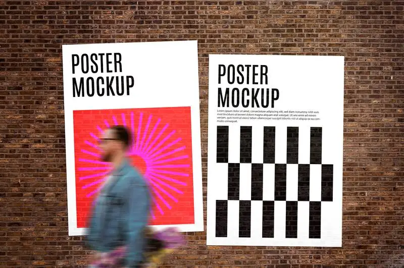 Pack of Glued Poster Mockup Over Brick Wall with Pedestrian