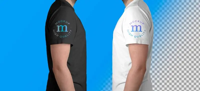 Pack of Male Model Wearing White and Black T-Shirt Profile Over Blue Surface