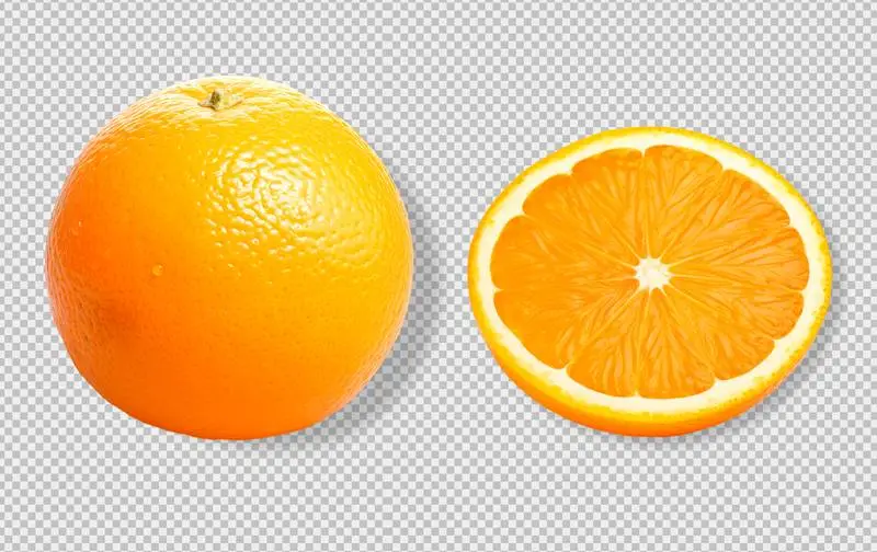 Photo of a Whole and a Halved Orange Isolated on a Transparent Background