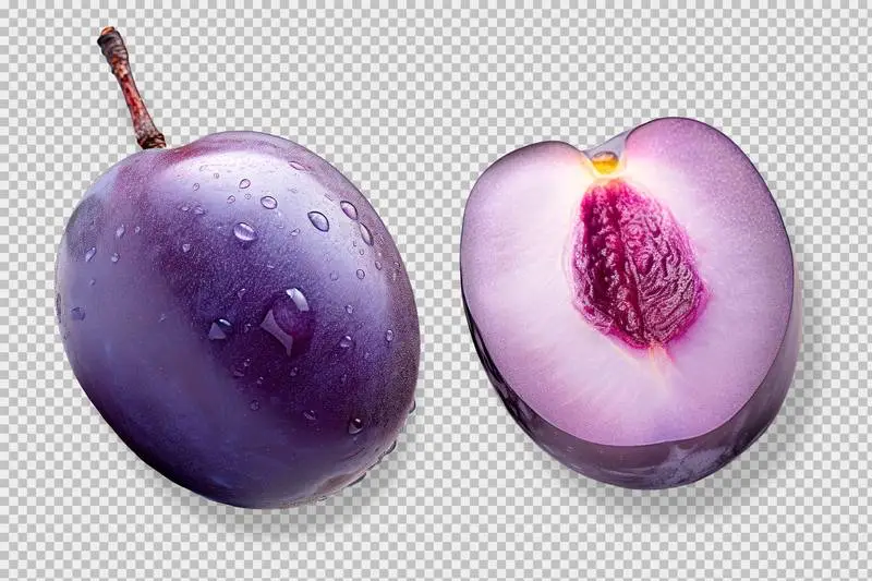 Photo of a Whole and a Halved Plum Isolated on a Transparent Background