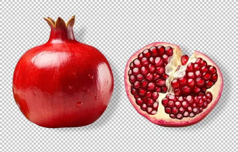 Photo of a whole and a halved pomegranate isolated on a transparent background
