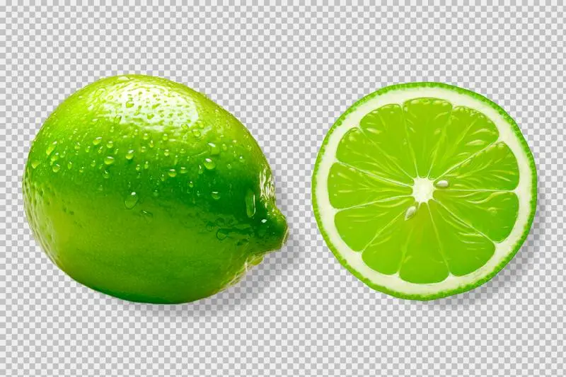 Photo of a Whole and a Halved Lime Isolated on a Transparent Background