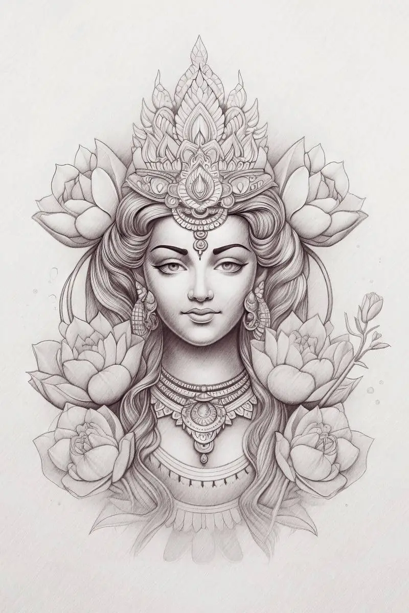 Goddess Lakshmi Pencil Sketch on Paper
