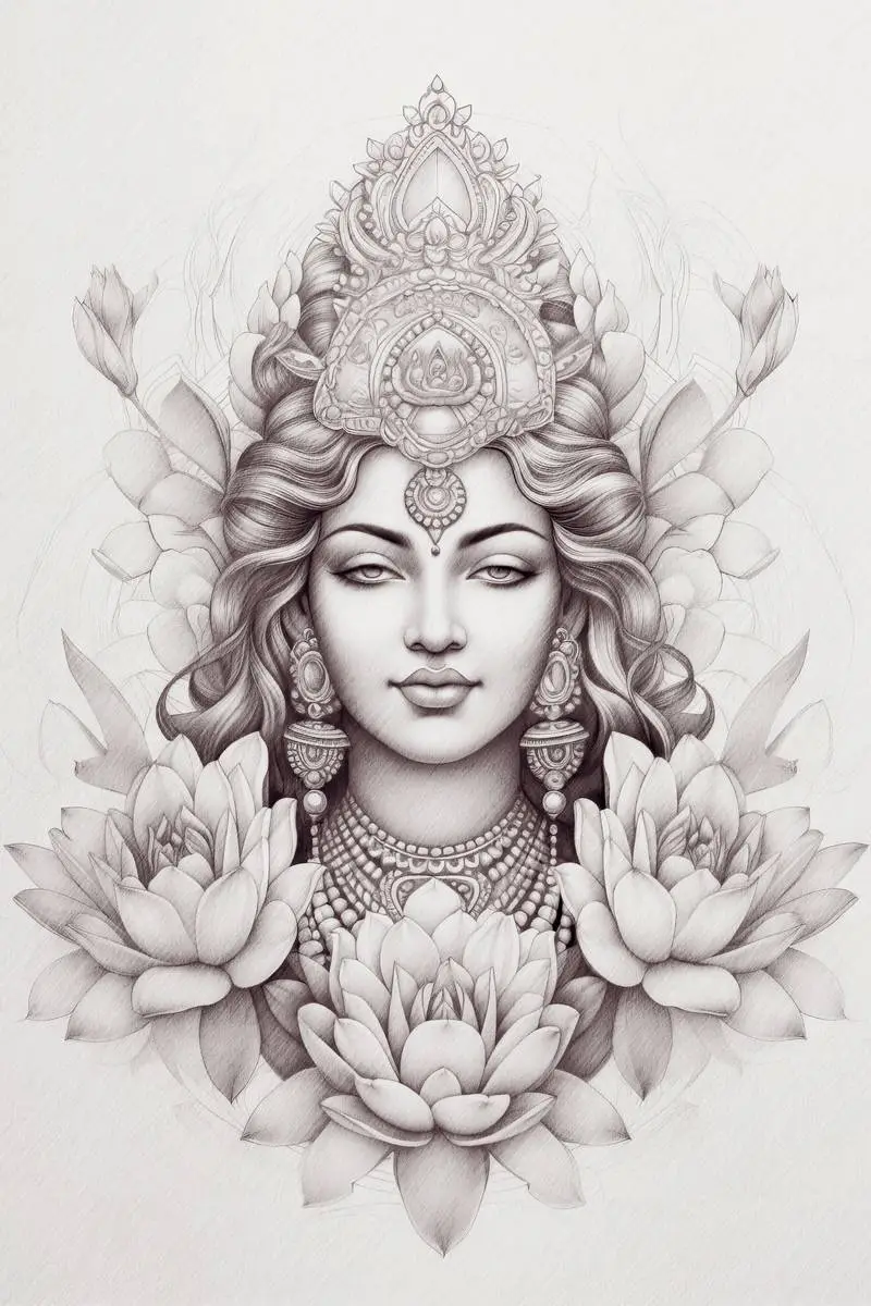 Hindi Goddess Lakshmi Pencil Sketch on Paper