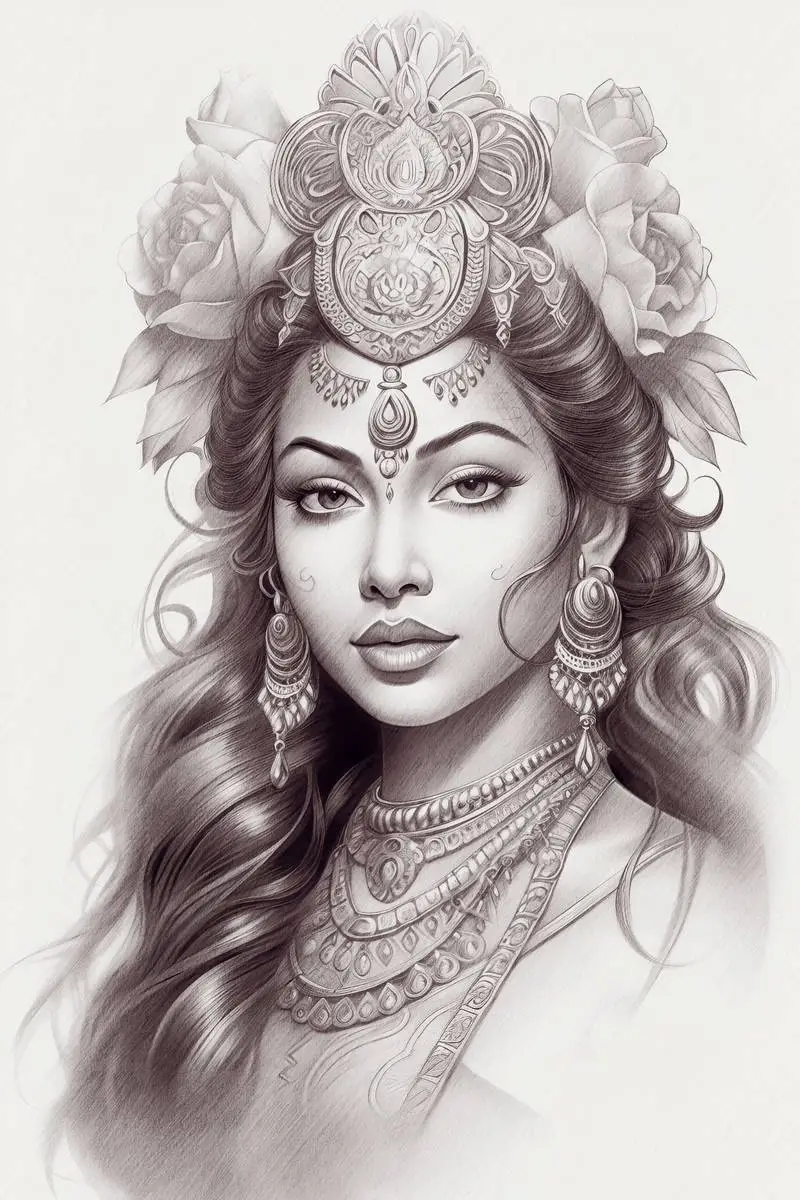 Hindu Deity Lakshmi Pencil Sketch on Paper