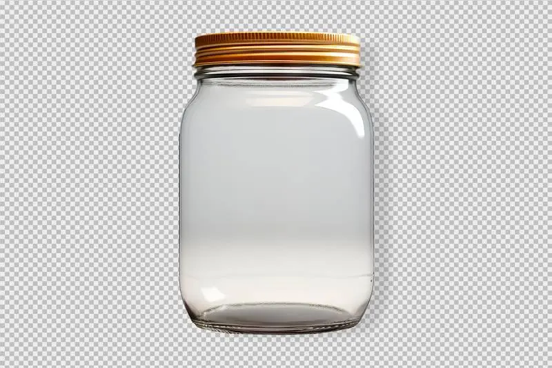 Minimalist Photo of a Glass Jar with a Golden Metal Lid Isolated on a Transparent Background