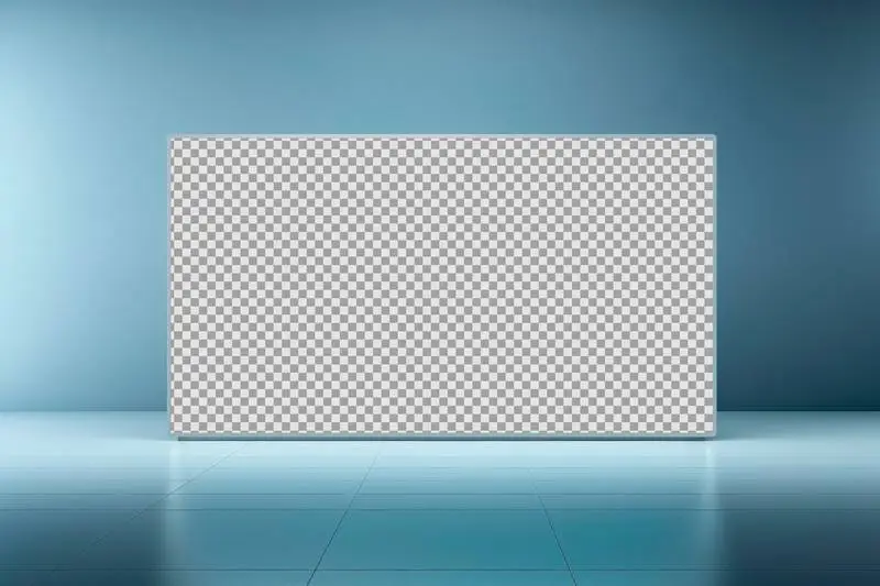 Photo of a Large-Format Screen in a Grey Blue Room with Transparent Surface
