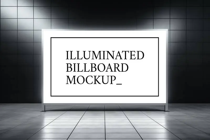 Mockup of an Illuminated Billboard with Metal Frame in an Elegant Brutalist Room