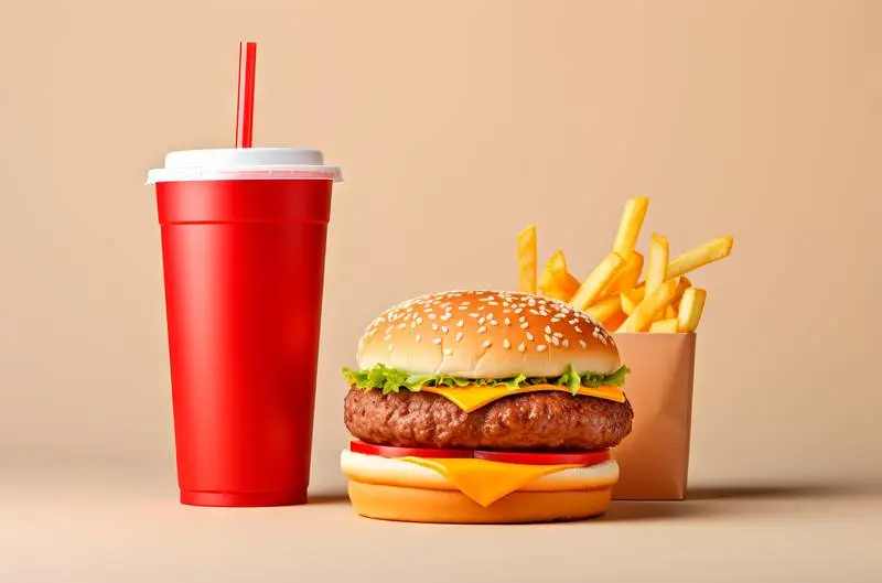 Studio Photo of a Hamburger with Fries and a Paper Cup of Soft Drink