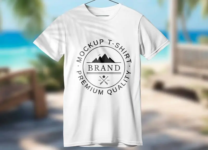 Mockup of Logo on White T-shirt on Beach Image Background
