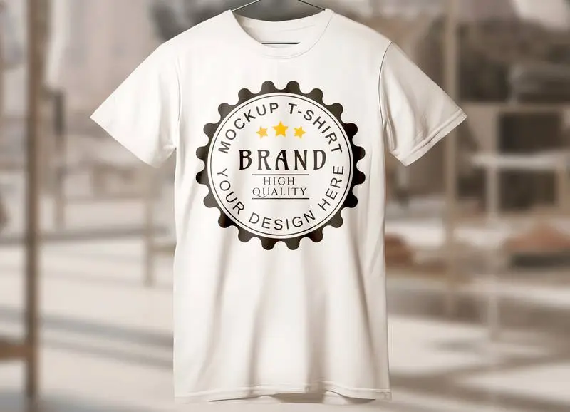 Logo Mockup on a White T-shirt Hanging on a Metal Hanger with a Clothes Shop in the Background