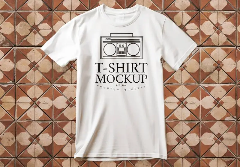 Mockup of Logo on White T-shirt Open on Vintage Ground