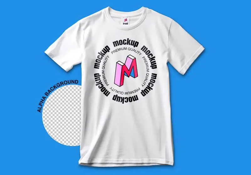 Logo Mockup on Open White T-shirt and Label on Transparent Background