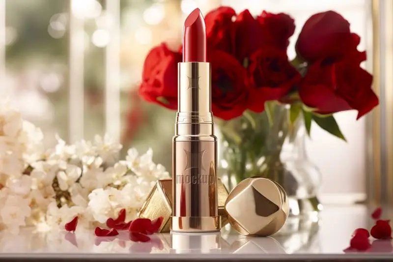Logo Mockup on Red Lipstick on Romantic Background with Roses