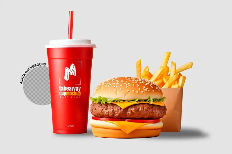 Mockup of Label on Soda Glass with Fast Food on Transparent Background